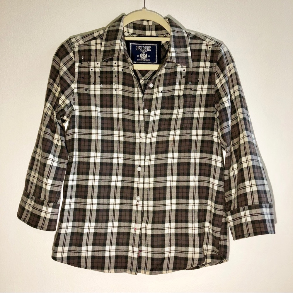 PINK Victoria’s Secret Embellished Plaid Shirt Sz S